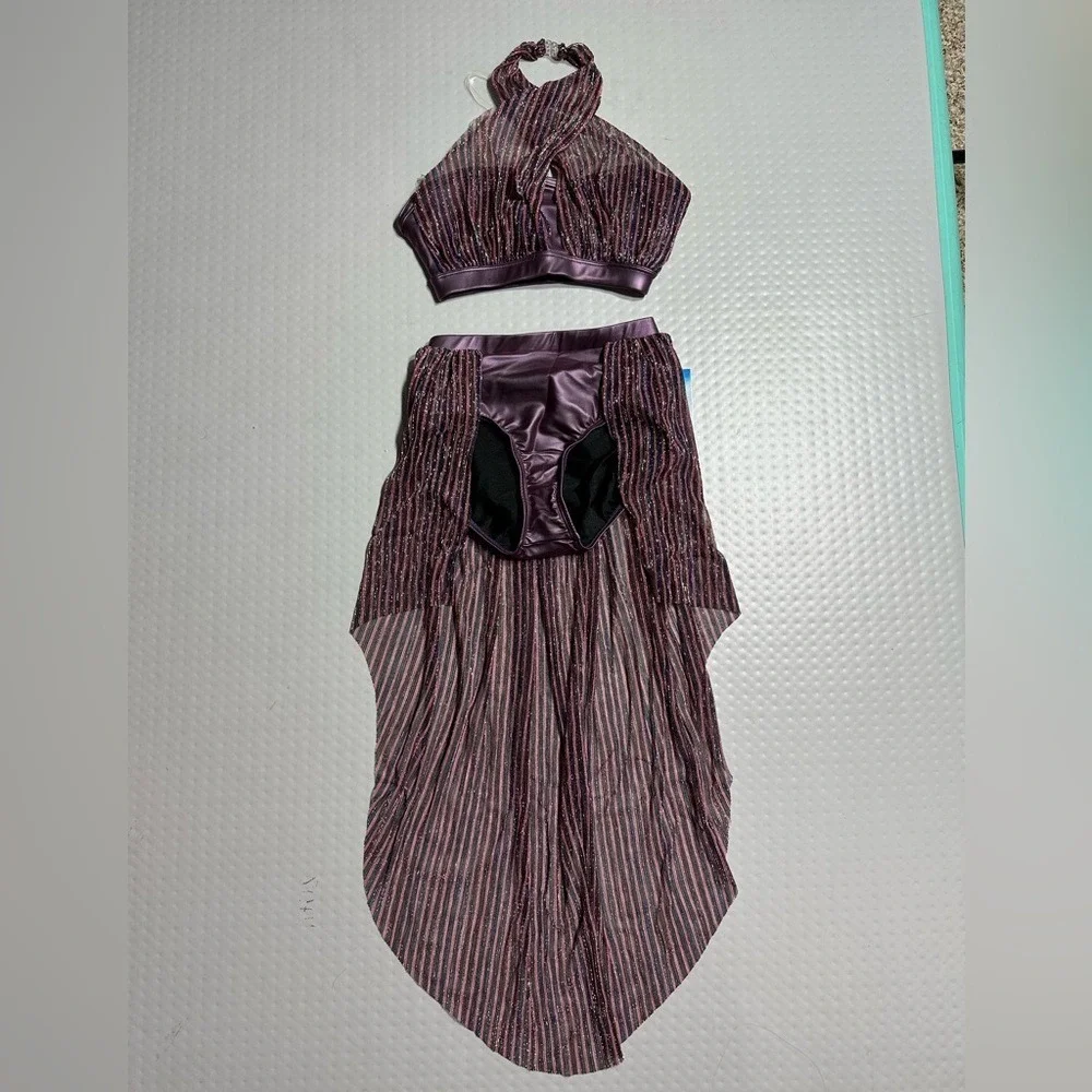 Double Platinum purple shimmer Halter Crop Top and Skirt Kids Dance Costume‎ AXS